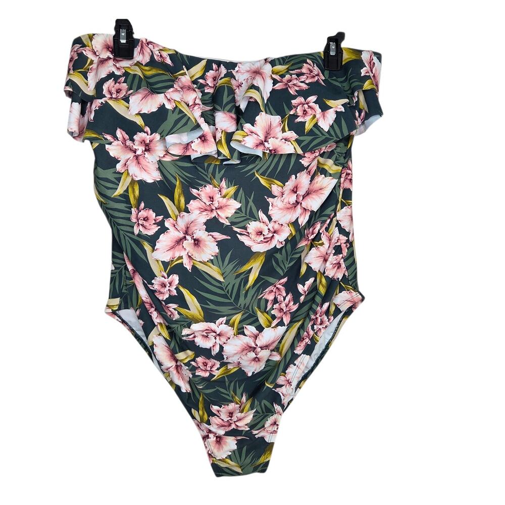 Kona Sol Swimsuit Size 24W One-Piece Green Floral‎ Tropical Padded Bra NWT